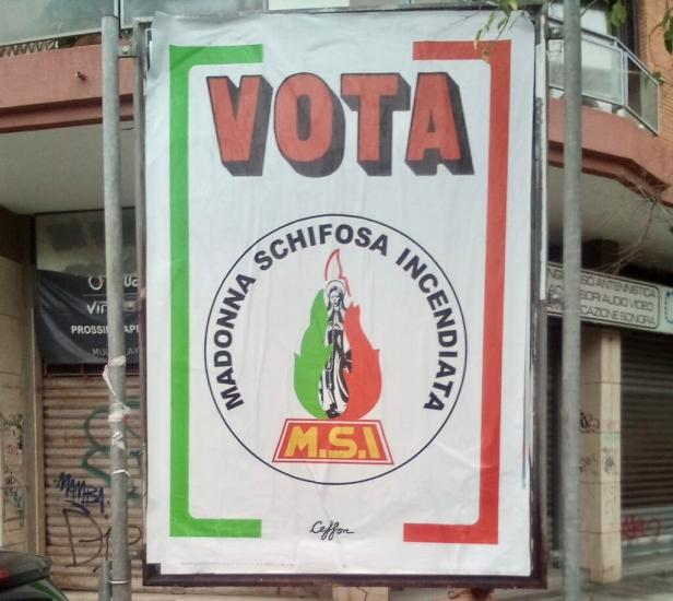 Manifesto blasfemo comparso a Bari Picaro (FdI): Non ci intimidite