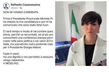 Regionali, dopo l'esclusione di FdI Raffaella Casamassima scrive alla premier: «Cara Giorgia, dov'è il merito?» Regionali, dopo l'esclusione di FdI Raffaella Casamassima scrive alla premier: «Cara Giorgia, dov'è il merito?»