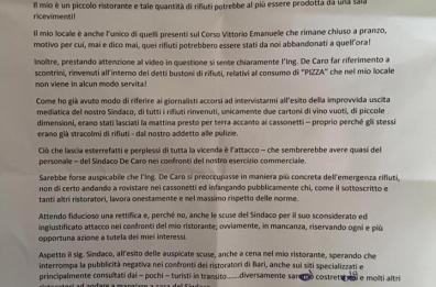 La lettera di accusa al sindaco Decaro