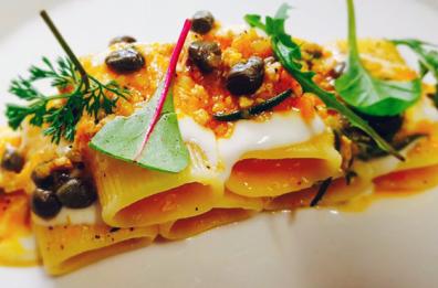 Pacchero con ragout di coniglio
capperi e fonduta di caciocavallo