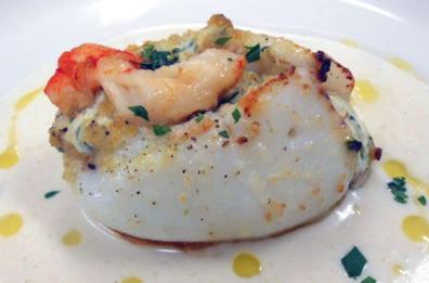 Seppia ripiena di ricotta e cima di rapa
con gamberone rosso
su fonduta di canestrato pugliese