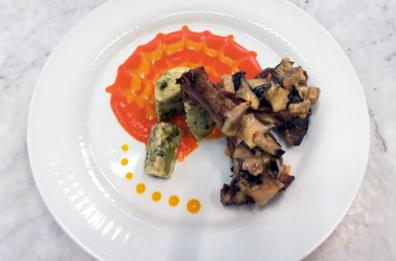 Cinghiale con cardoncelli, crema peperoni, flan Castagne e cimette rapa