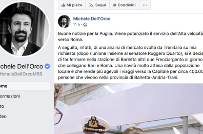 Treni, a Barletta fermerà Bari-Roma. Mit: nuovi servizi su Alta velocità. Che non esiste