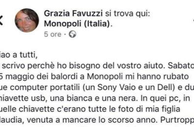 Monopoli, le rubano il pc con le foto della figlia morta: «Vi prego ridatemele»