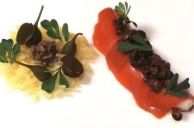 Gallinella di mare, ragù di lumachina, patata schiacciata, capperi, olive e prezzemolo