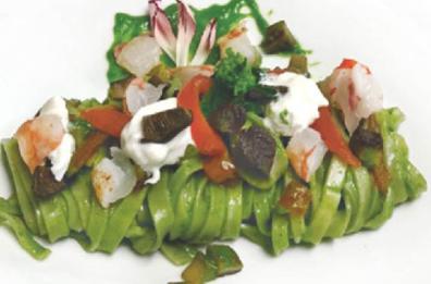 Tagliolini di grano arso, cardoncelli, cime di rapa, gamberi violetti