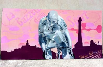 Giro d'Italia in Puglia: Diego Quarta dipinge Pantani e dona l'opera alla città di Brindisi