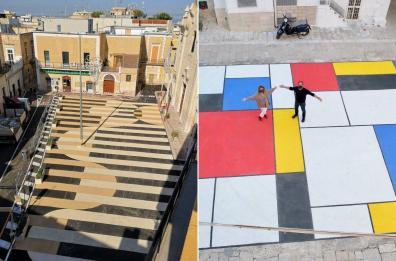 Bari, le piazze di Carbonara prendono vita: dipinte come un quadro di Mondrian 
