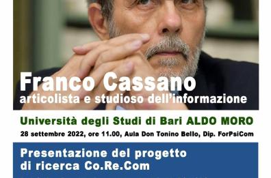 Bari, un progetto di ricerca dedicato a Cassano sociologo e giornalista