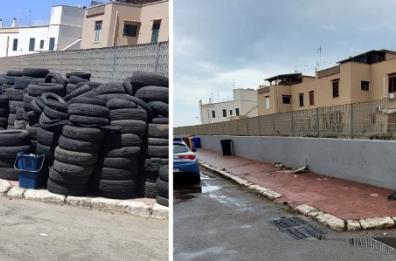 Gallipoli, accatasta una montagna di pneumatici fuori dall'officina: titolare sanzionato