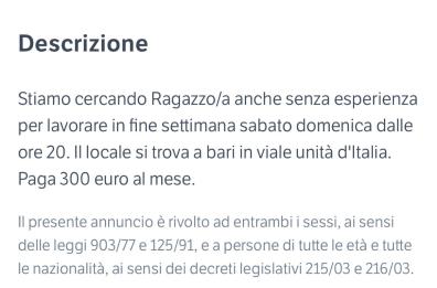 Bari, l'annuncio di lavoro choc:  "Trecento euro al mese per lavorare al bar"
