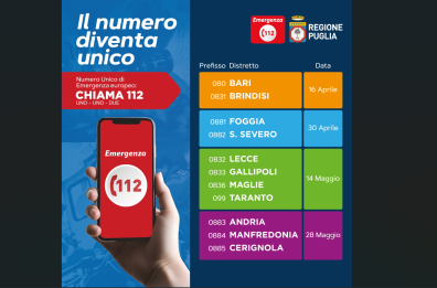  Anche in Puglia parte il numero unico di emergenza 112: attivo dal 16 aprile