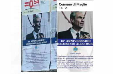 Maglie ricorda Aldo Moro, ma nel manifesto la foto è dell'attore che lo interpreta, Fabrizio Gifuni. Scoppia la polemica