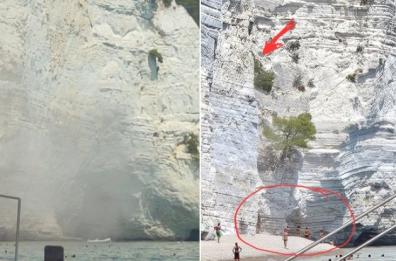 Cede parte della falesia nella Baia di Vignanotica: paura tra i bagnanti sul Gargano