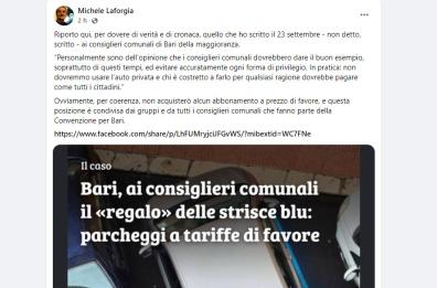 «Il parcheggio scontato per i consiglieri è un privilegio, non lo voglio». Laforgia: «Dobbiamo pagare come gli altri»