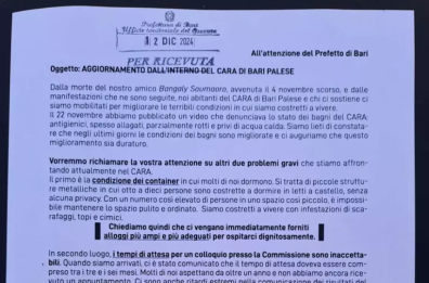 Bari, i migranti del Cara scrivono al Prefetto chiedendo migliori condizioni di vita