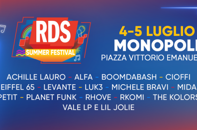 Monopoli accoglie l'Rds Summer Festival il 4 e 5 luglio: sul palco Achille Lauro, Alfa, The Kolors, Planet Funk e molti altri