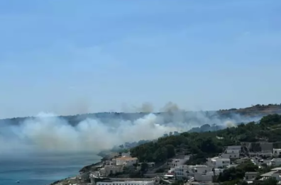 Ancora un vasto incendio nel Leccese: fiamme in area boschiva tra Castro e Diso, in azione canadair