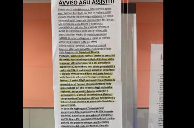 Bari, l’avviso choc del medico di base: «La Regione ci manda la Finanza, non vi prescriviamo più i farmaci»