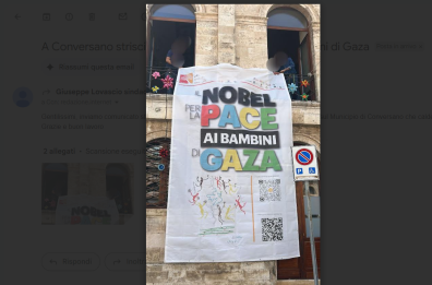 Conversano, uno striscione per dire «no al genocidio», «sì» al Nobel ai bambini di Gaza