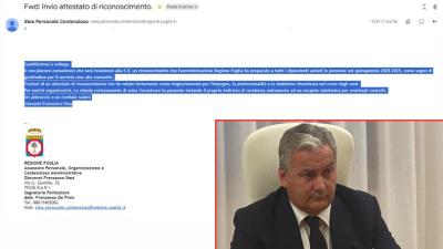 La mail dell'assessore Stea (in pseudo italiano) per chiedere mail e indirizzo agli ex dipendenti della Regione. FdI: «Schedatura a fini elettorali»