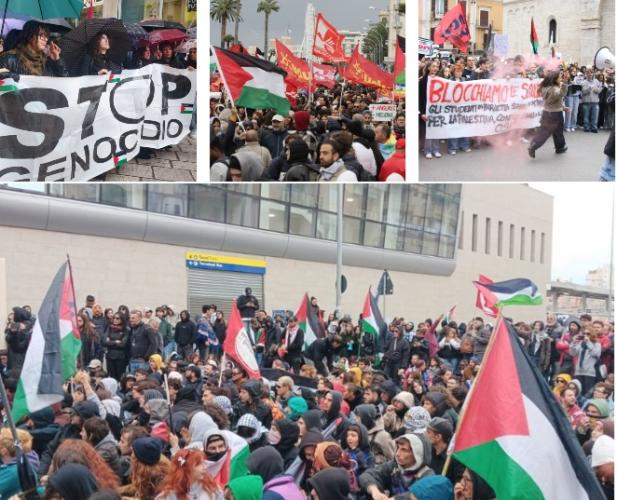 In Puglia in 20mila scendono in piazza per la Flotilla: a Bari i manifestanti tentano di bloccare la stazione. A causa dello sciopero cancellati due voli