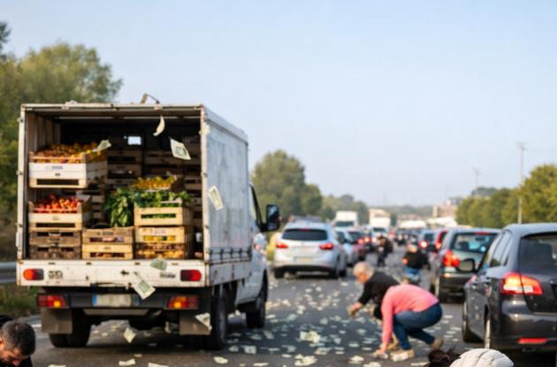 Cadono banconote da un camion della frutta nel Salento: automobilisti lasciano le auto in coda a raccogliere il denaro