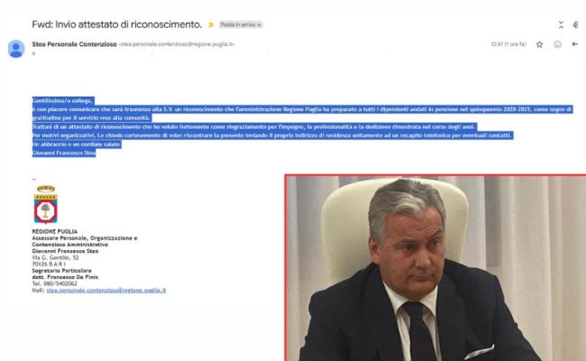 La mail dell'assessore Stea (in pseudo italiano) per chiedere mail e indirizzo agli ex dipendenti della Regione. FdI: «Schedatura a fini elettorali»