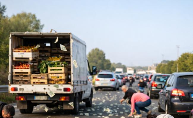 Cadono banconote da un camion della frutta nel Salento: automobilisti lasciano le auto in coda a raccogliere il denaro