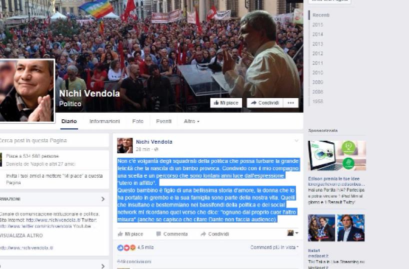 Vendola papà di un bimbo il web diviso tra gioia e insulti Nichi risponde su Fb: «Squadristi»