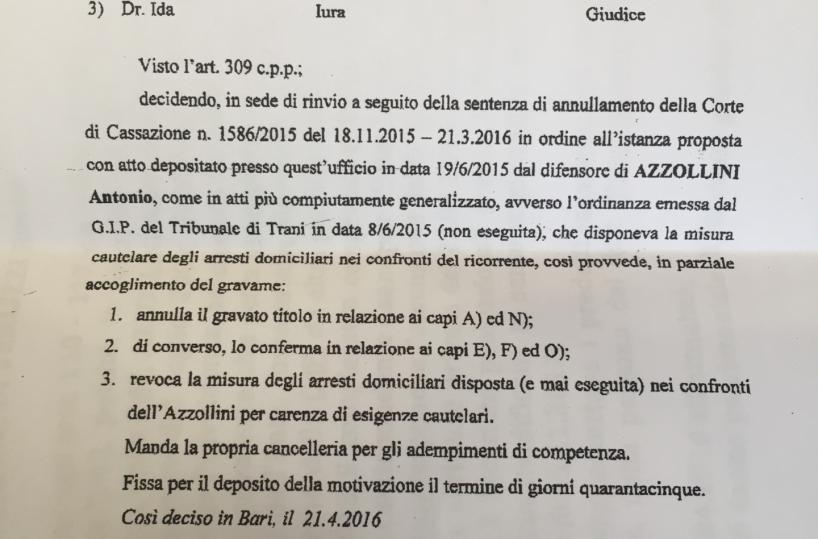 Il dispositivo di revoca degli arresti per il senatore Azzollini