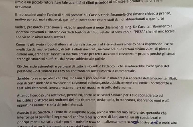 La lettera di accusa al sindaco Decaro