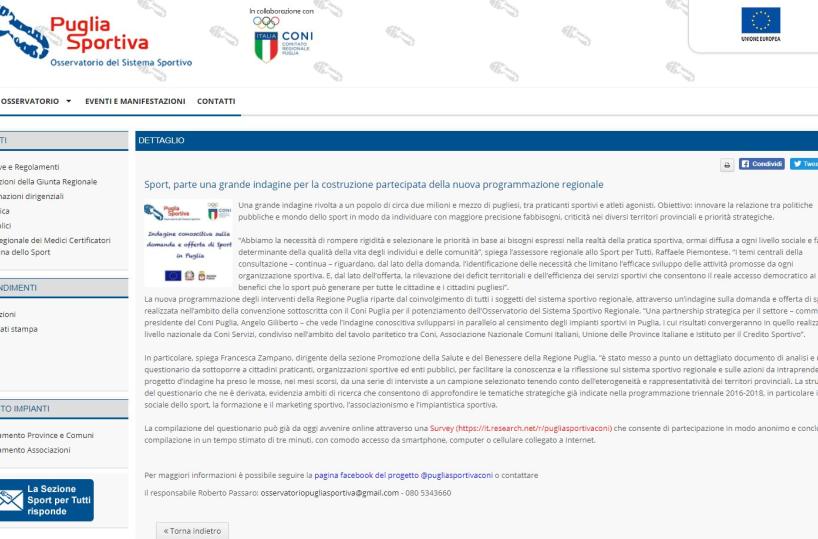 Sport, in Puglia indagine online per la nuova programmazione