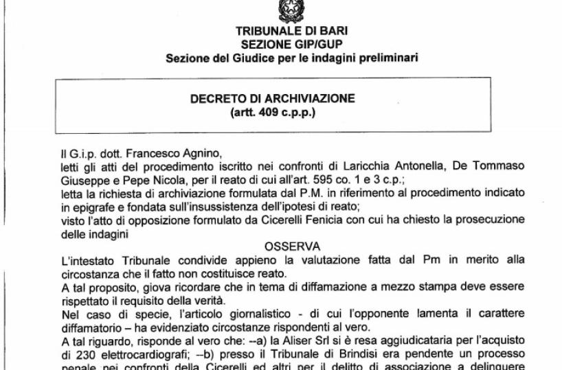 Fornitura elettrocardiografi «Gazzetta ha detto verità»gip archivia querela Aliser