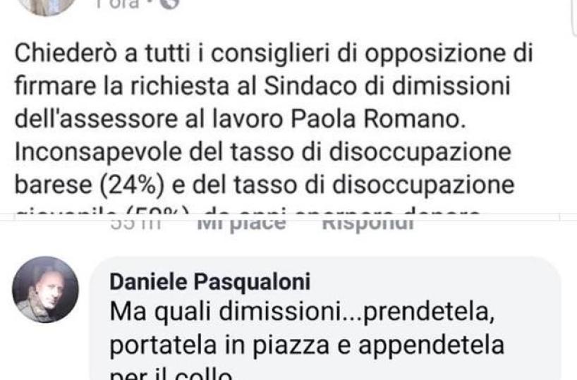 Assessore di Bari minacciata su Fb«Appendiamola per il collo»