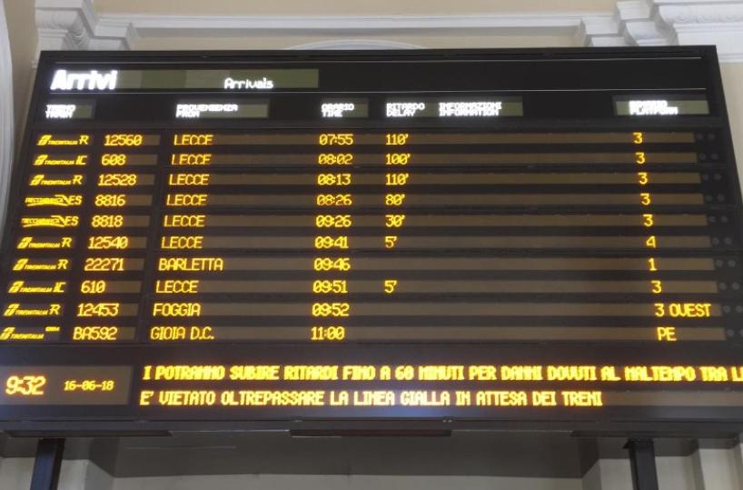 Lecce-Bari, binari allagatiRitardi e treni soppressi
