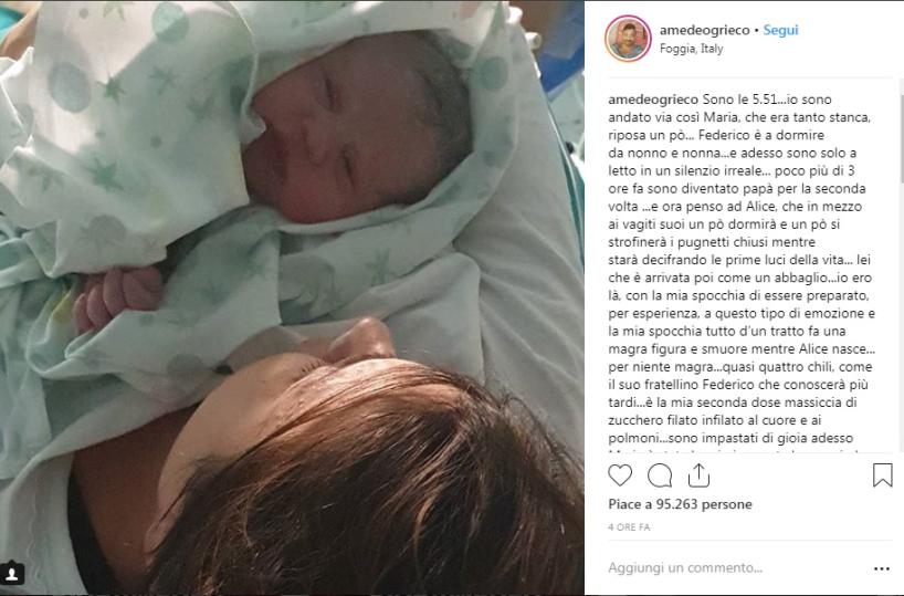 Foggia, fiocco rosa per i due «Emigratis»: è nata Alice, figlia di Amedeo Grieco