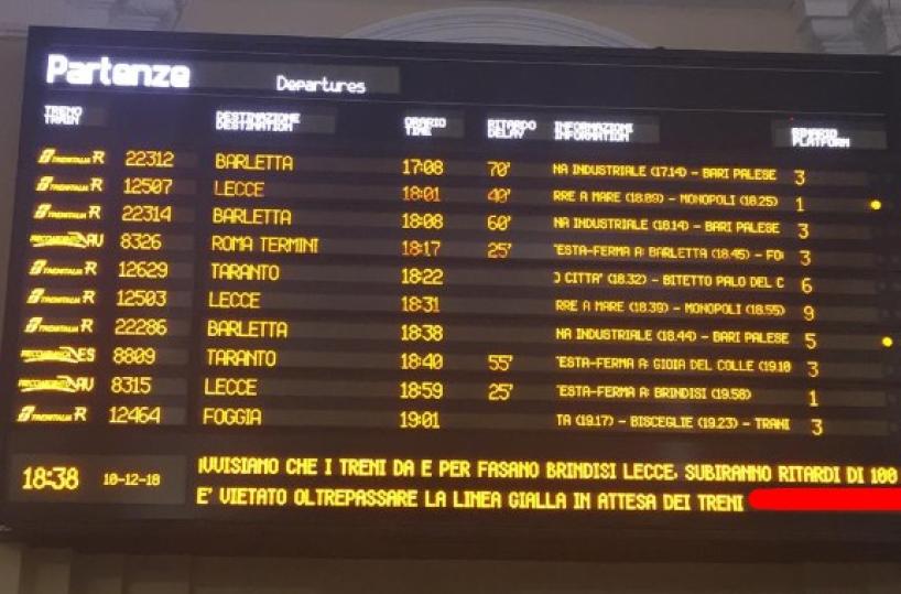 Maltempo: disagi treni tra Lecce e Bari, ritardi fino a 100 minuti