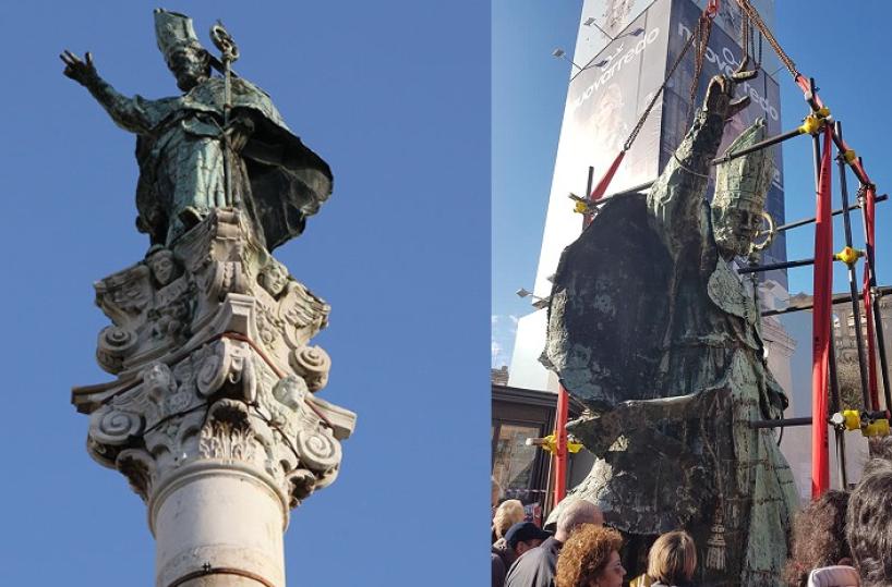 Sant'Oronzo "scende" dal cielo per il restauro
