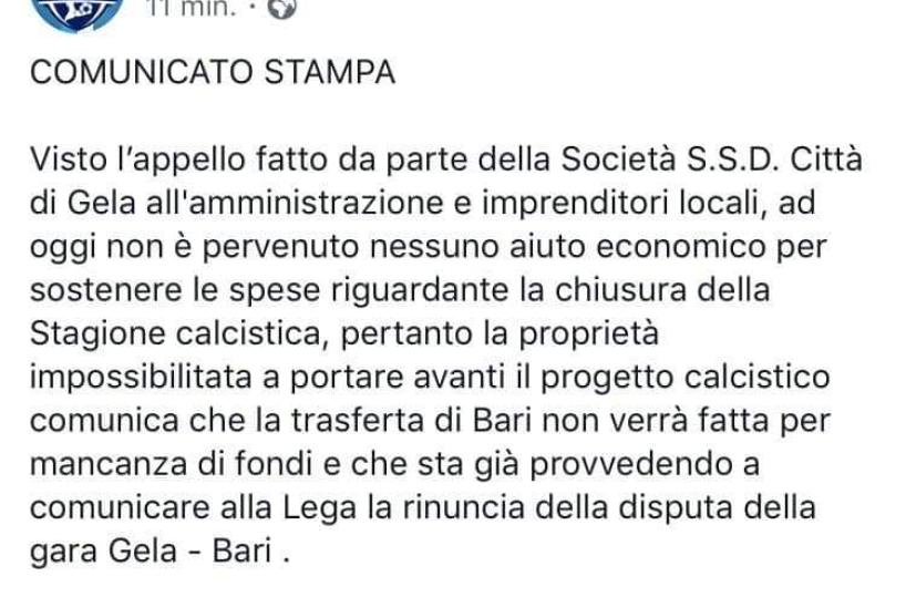 Il Gela annuncia: «Niente trasferta». Il Bari verso la vittoria a tavolino