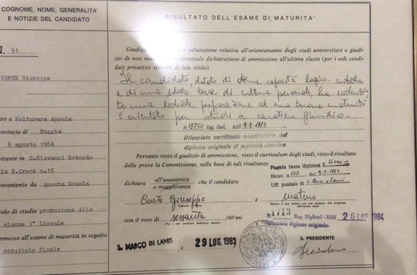 Ecco la pagella di Conte: ma è quella del suo liceo a San Marco in Lamis 