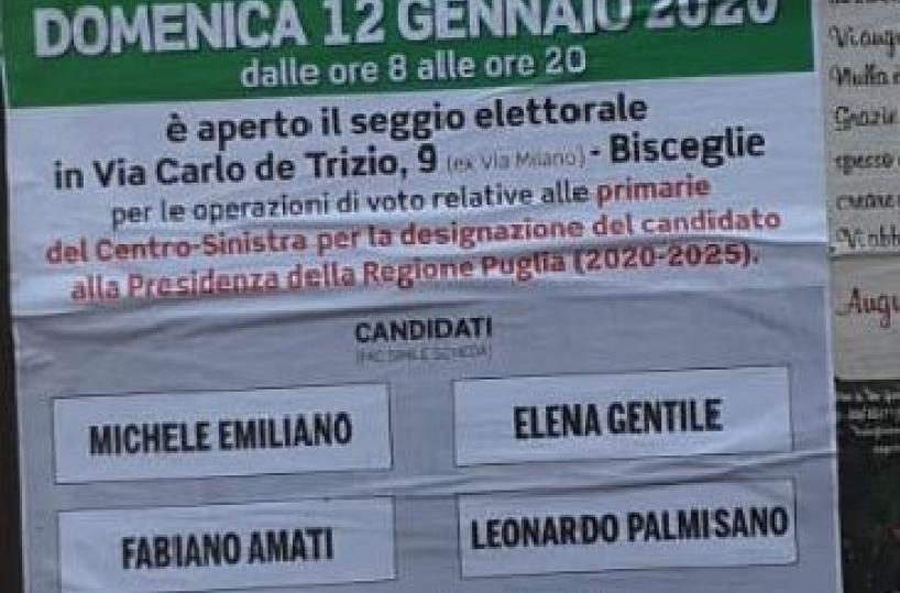Primarie in Puglia, polemica per manifesto pro-Emiliano affisso a Bisceglie