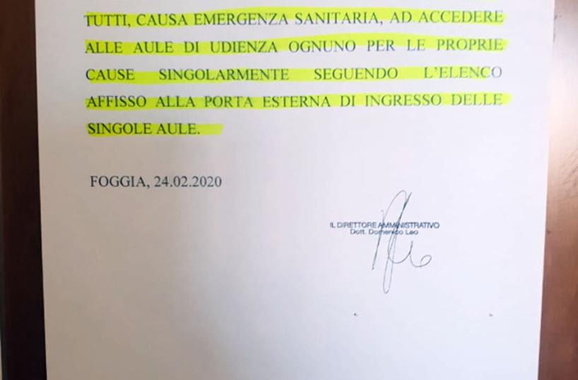 Coronavirus, al Tribunale di Foggia l'invito ad avvocati e utenti: «In aula singolarmente»