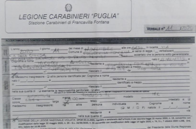 Francavilla F.na, bloccato di notte mentre va in ospedale per le cure: 500 euro di multa