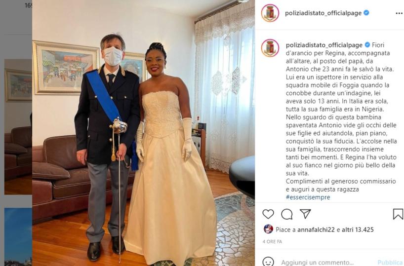 Foggia,  poliziotto accompagna all'altare una nigeriana che salvò 23 anni fa