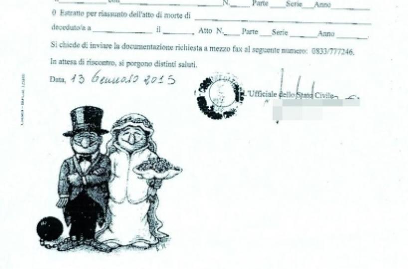 In un comune salentino vignetta sui documenti «Il matrimonio? Una galera»