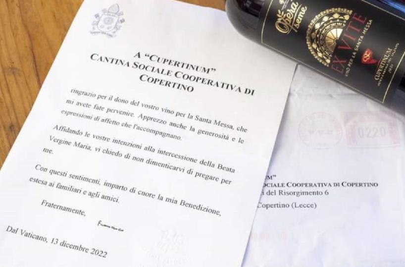 Il vino di Copertino per la Messa in Vaticano, e Papa Francesco ringrazia