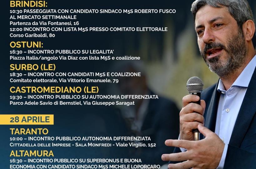 Arriva in Puglia il tour del Movimento 5 Stelle con Roberto Fico