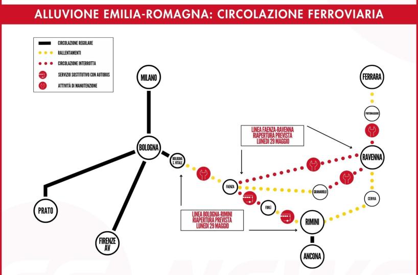Alluvione Emilia Romagna, verso la riapertura lunedì della linea ferroviaria Bologna-Rimini
