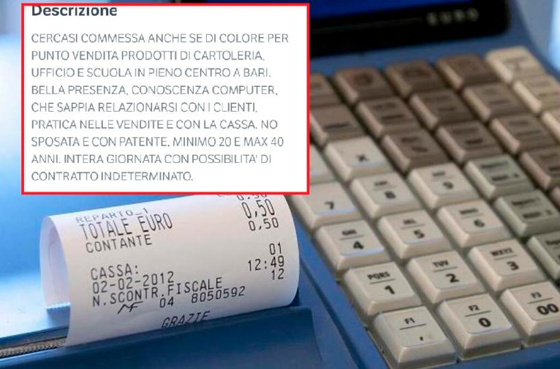 Bari, bufera su annuncio di lavoro: «Cercasi commessa anche se di colore»